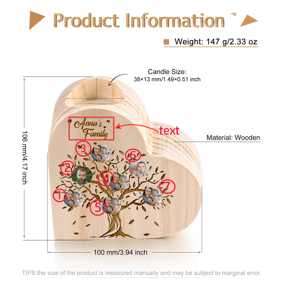 Family Photo Wooden Heart Candle Holder Custom 7 Photos Family Tree Candlesticks-Jessemade AU