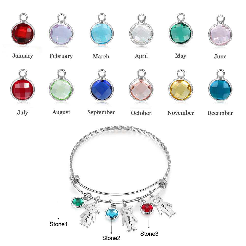 Personalised Kid Charms Bangle Bracelet With Names Customised 3 Birthstones Gift for Her-Jessemade AU
