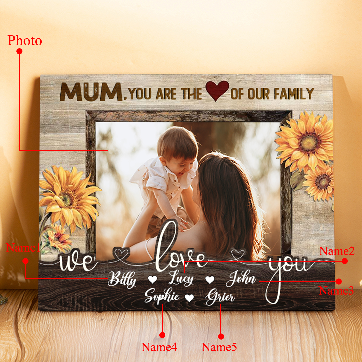 Personalised 5 Names & 1 Photo Wooden Plaque Custom Sunflower Home Decor Gifts for Mum - You Are The Heart/Love Of Our Family-Jessemade AU