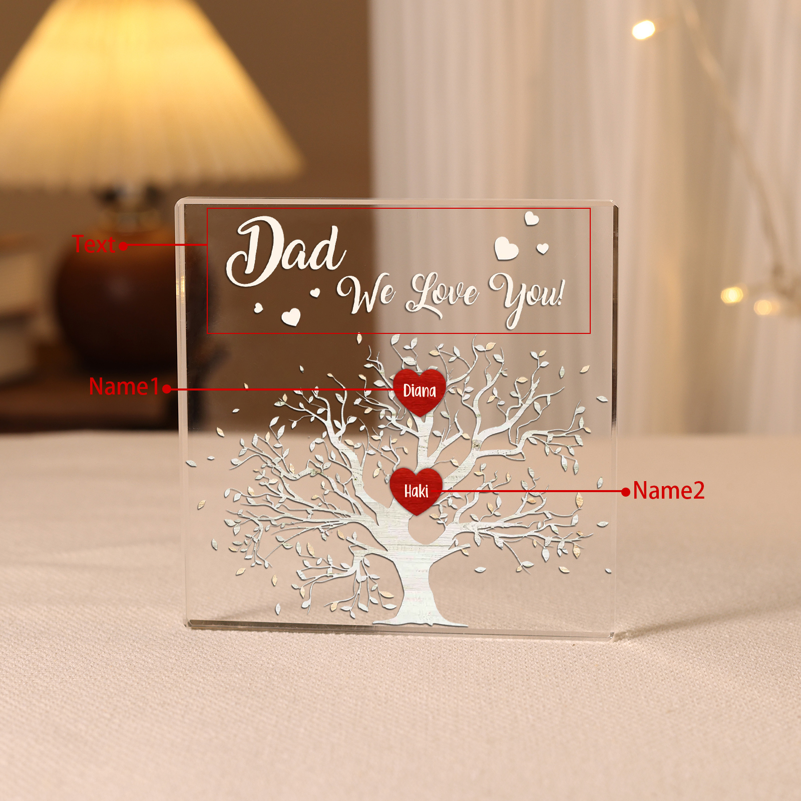 Personalised 2 Names & 1 Text Acrylic Square Keepsake Family Tree Rectangle Plaque Father's Day Gifts for Dad/Mom-Jessemade AU
