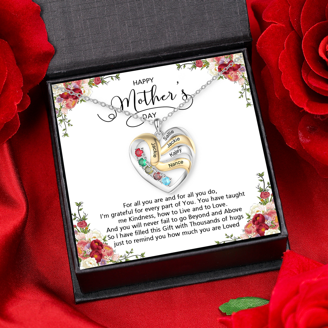 5 Names - Personalised Heart Necklace Custom Birthstones & Names Family Necklace Mother's Day Gifts-Jessemade AU