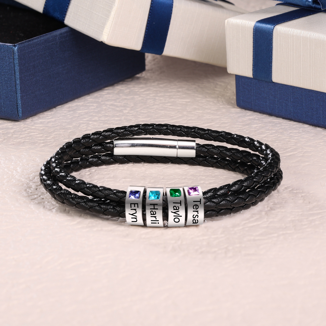 Personalised 3 Layer Leather Bracelet with 4 Beads Engraved Names Men's Bracelets for Him-Jessemade AU