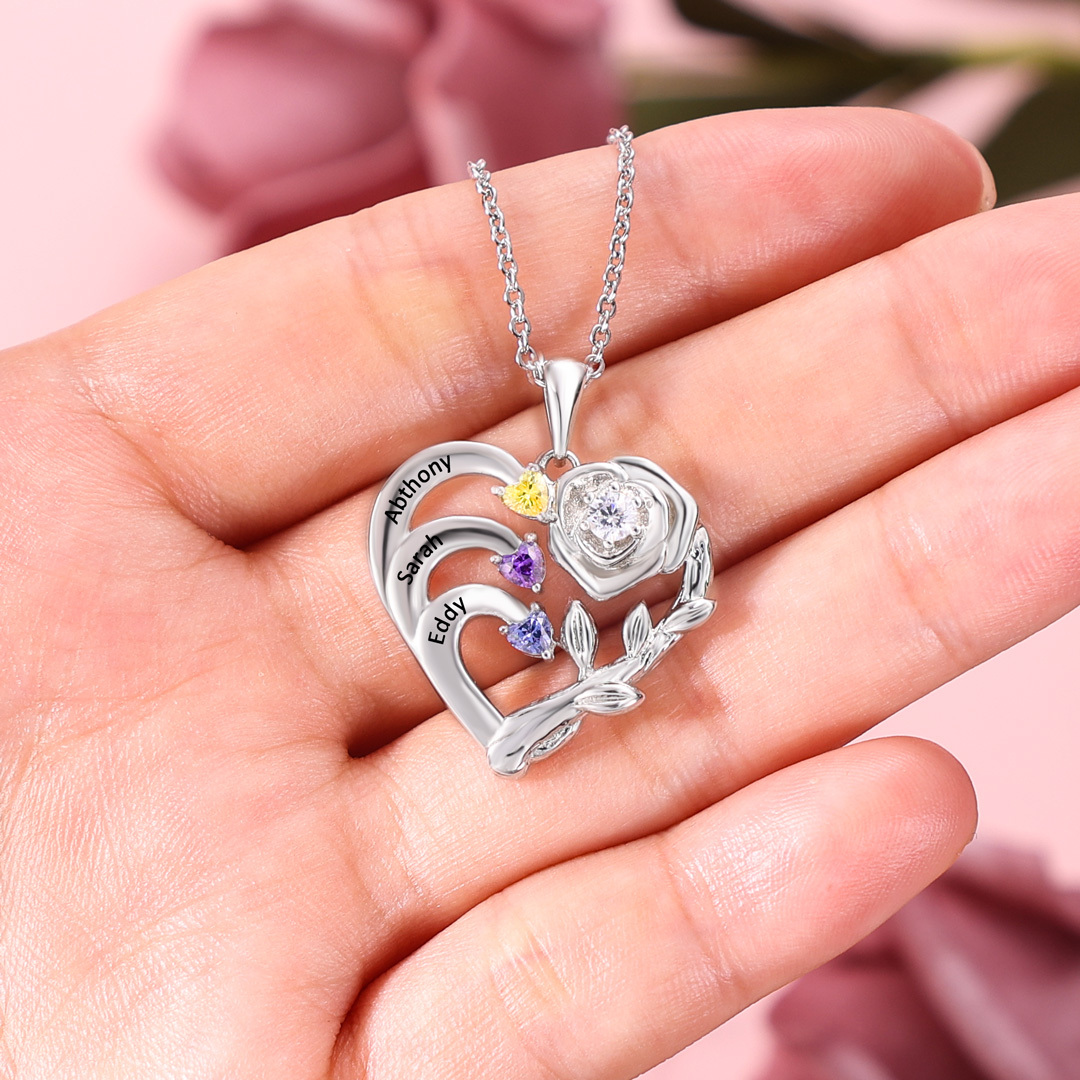 Personalised Mother Rose Necklace 1 Stone Engraved 1 Name Birthstone Intertwined Heart Pendant for Mum-Jessemade AU
