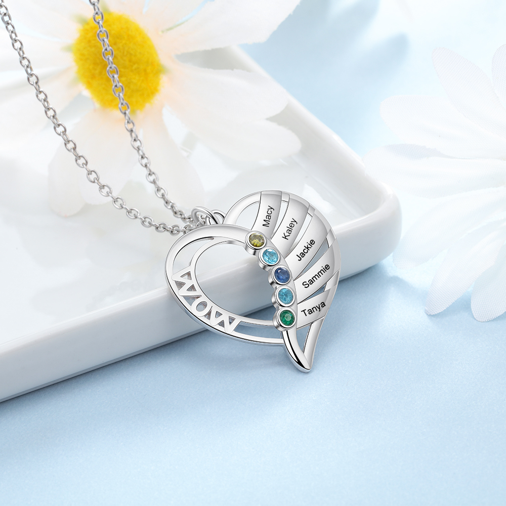 Personalised Heart Necklace With 5 Birthstones Engraved Names Gift For Mother-Jessemade AU
