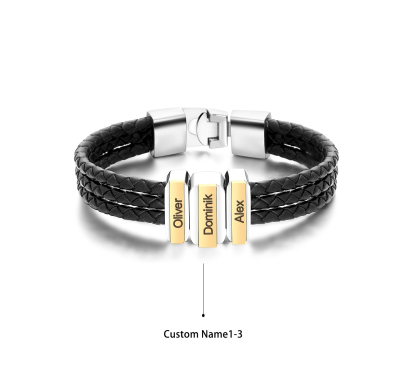 Mens Leather Bracelet with Customised Beads Personalised Three Layer Bracelet Engraved 3 Names-Jessemade AU