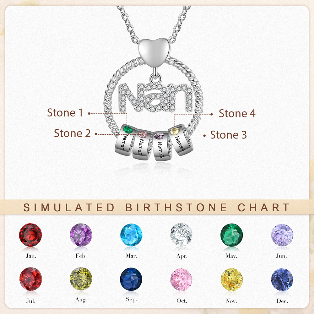 4 Names - Personalised Nan Necklace Custom Names & Birthstones Circle Pendant Necklace Gift for Grandma Nanna