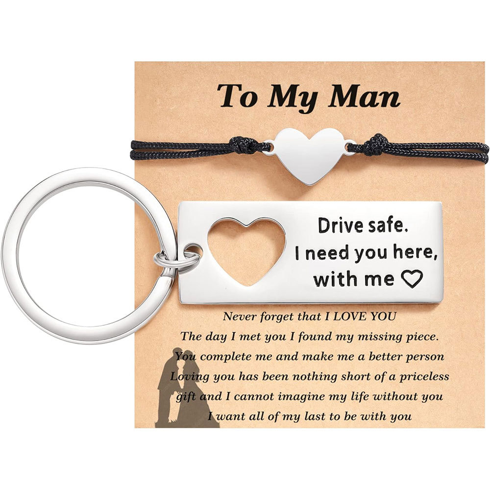To My Man Matching Keychain Bracelet Set Heart Keychain Adjustable Bracelet Gifts for Couple - Drive Safe I Need You Here With Me-Jessemade AU