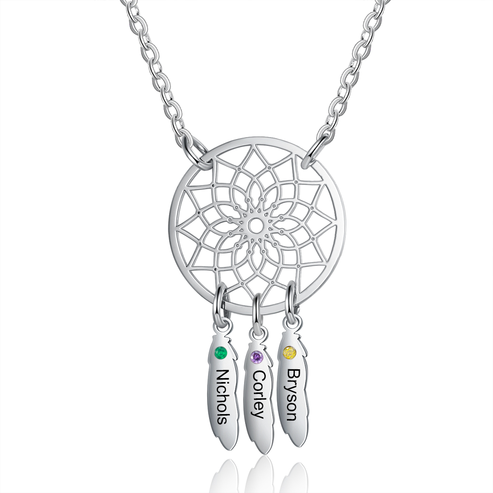 Personalised Dream Catcher Necklace With 3 Birthstones Engraved Names Gift For Women