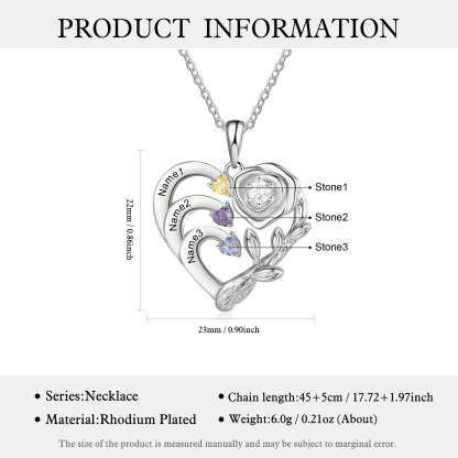 Personalised Rose Necklace with Birthstones Engraved 3 Names Intertwined Heart Pendant Necklace Gifts for Mother-Jessemade AU