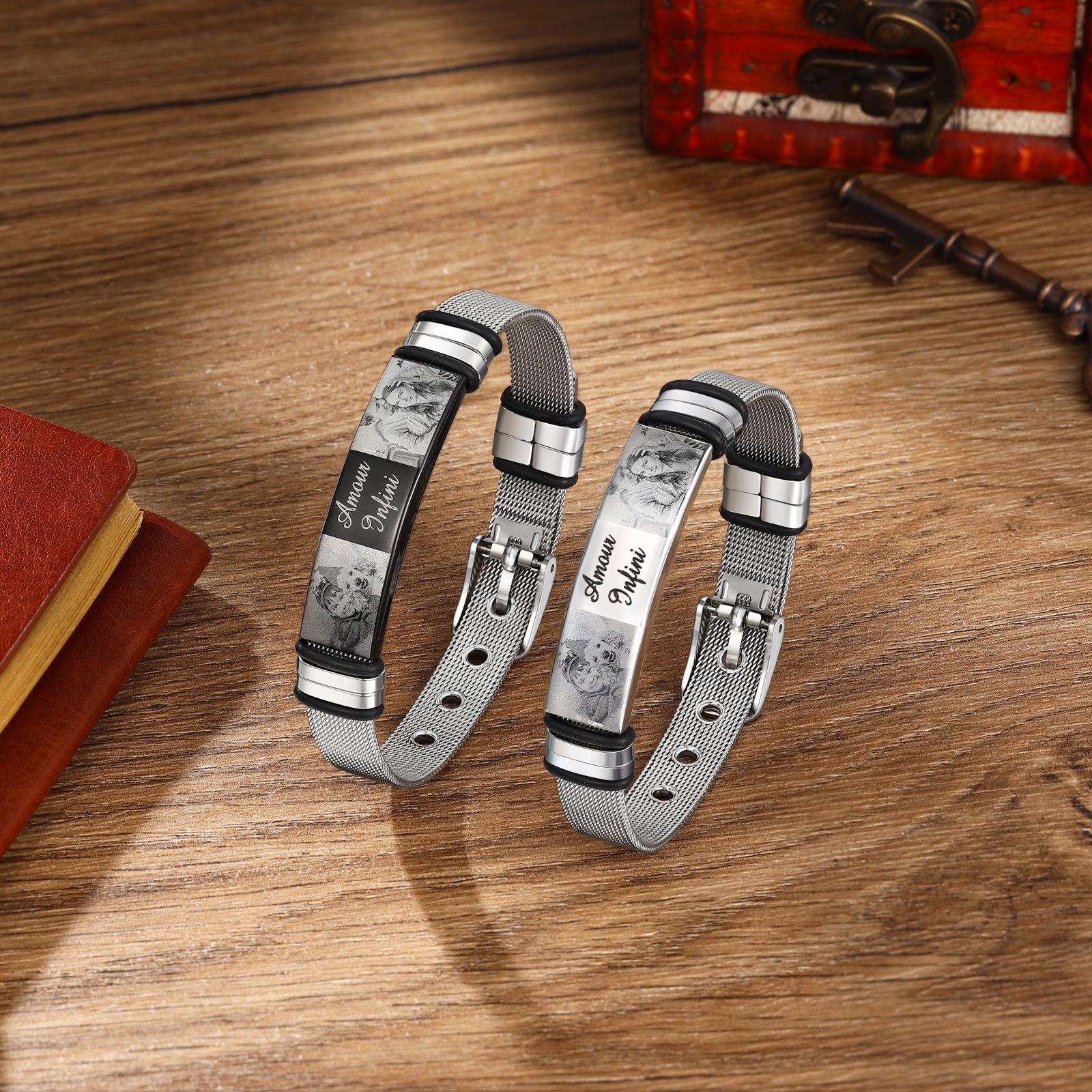 Personalised ID Bar Bracelet Engraved 2 Photos Men Women Bracelet-Jessemade AU