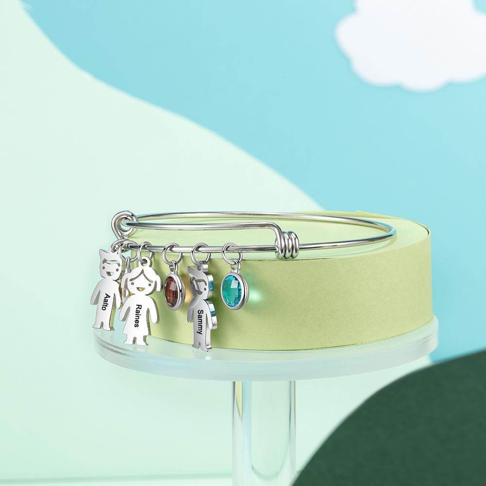 Women Bangle Bracelet with Kids Charms 3 Birthstones Engraved 3 Names Rose Box Set-Jessemade AU
