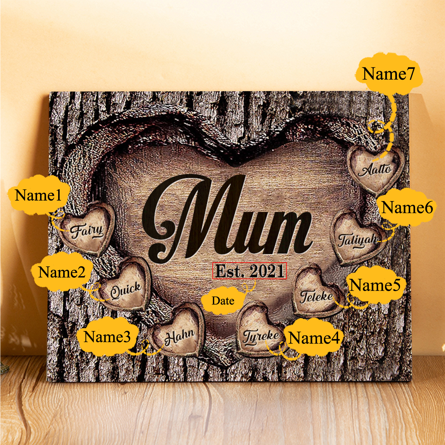 7 Names - Personalised Mum Wooden Plaque Custom Date & Names Home Decoration Hearts Gift for Mother-Jessemade AU