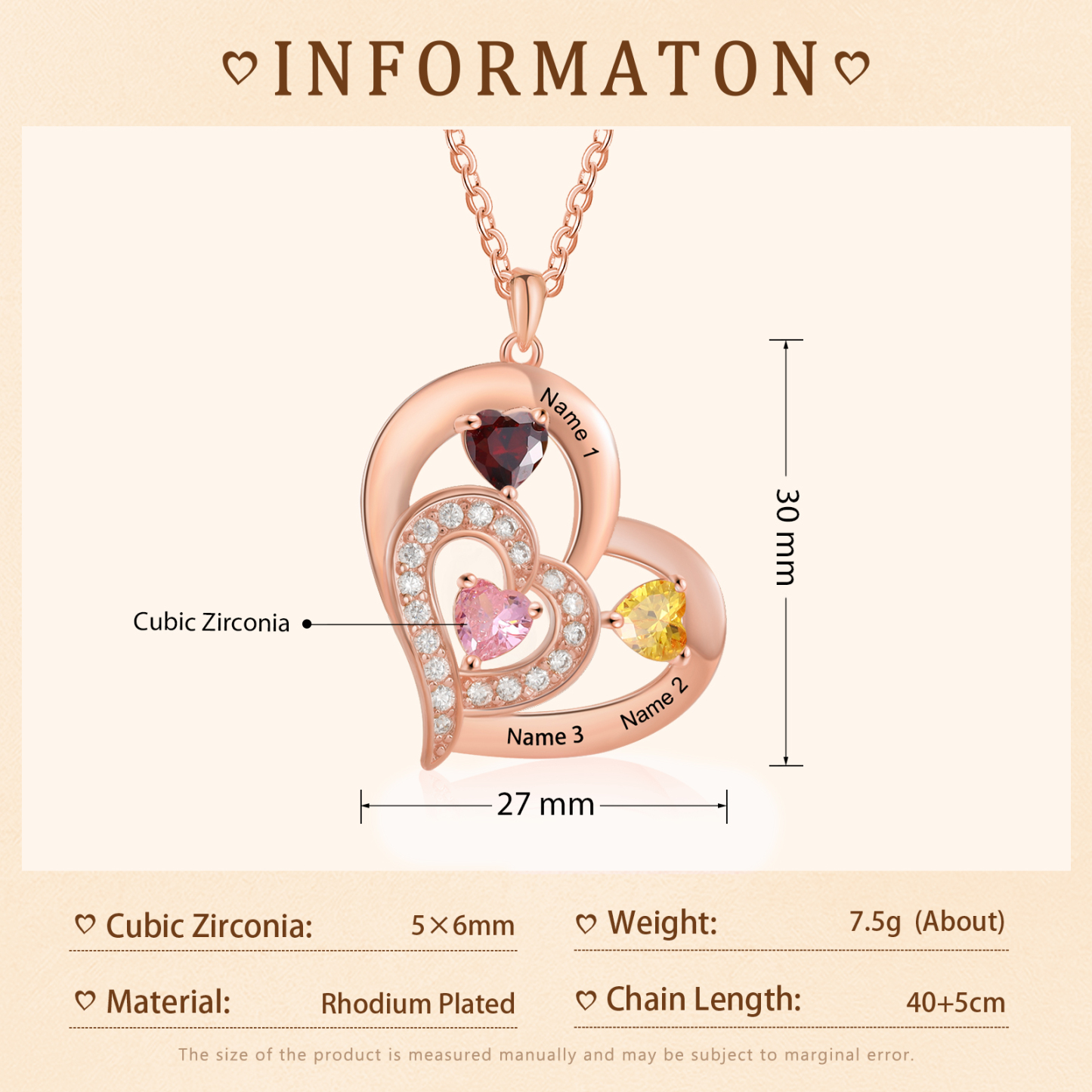 3 Names - Personalised Heart Pendant Necklace Customised Names & Birthstones Necklace Birthday Gift for Her-Jessemade AU