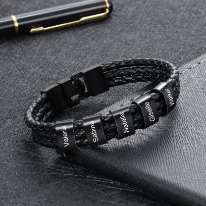 Personalised Braided Leather Bracelet Engraved 7 Names Men's Bracelet for Him-Jessemade AU