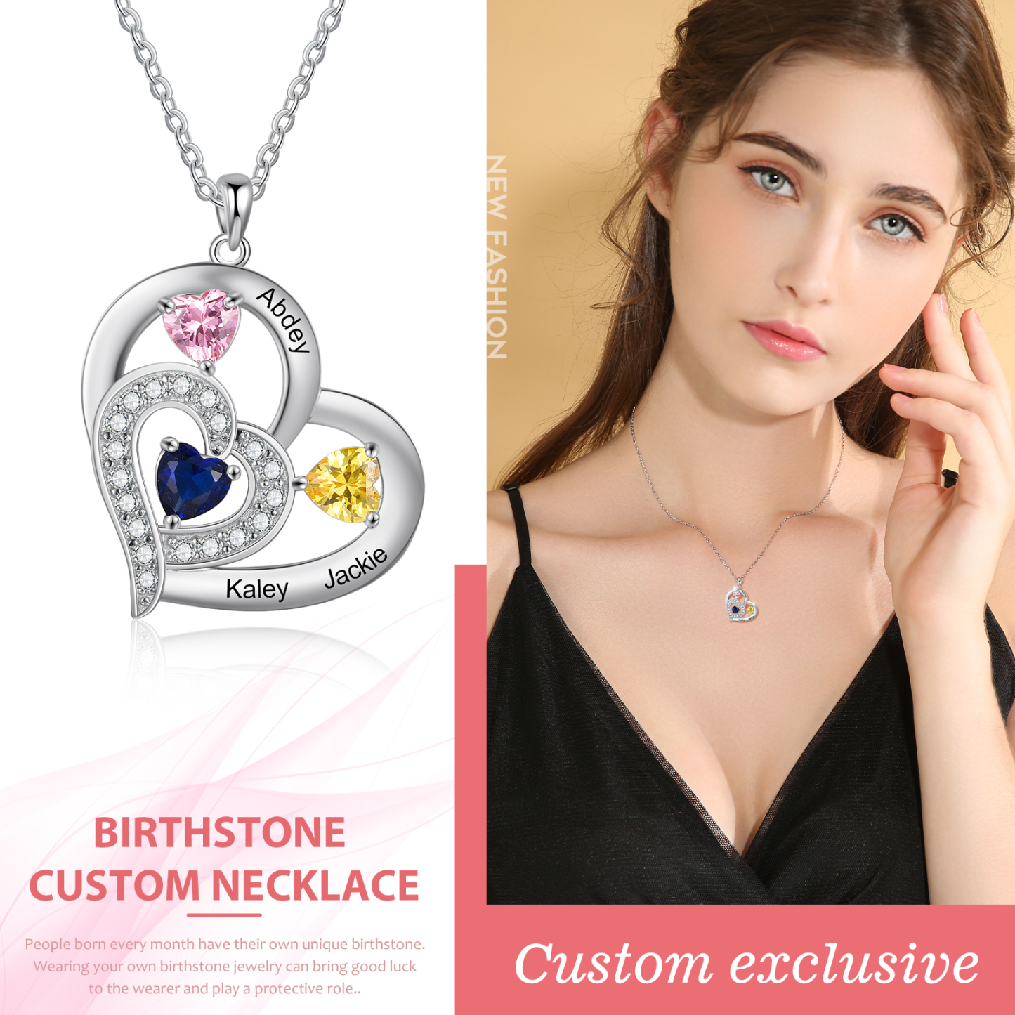 Personalised Heart Necklace With 3 Birthstones Engraved Names Gift For Her-Jessemade AU