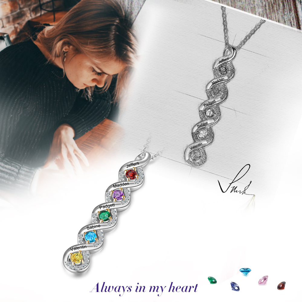 Personalised DNA Necklace With 5 Birthstones Engraved Names Gift For Women-Jessemade AU