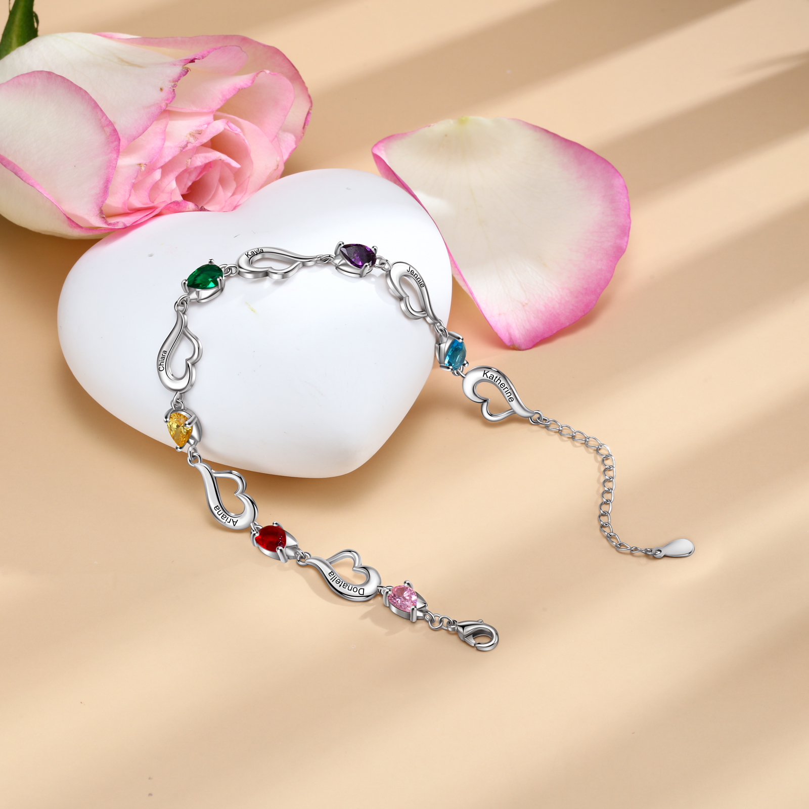 Personalised Heart Bracelet With 6 Birthstones Engraved Name Bracelet Gifts For Her-Jessemade AU