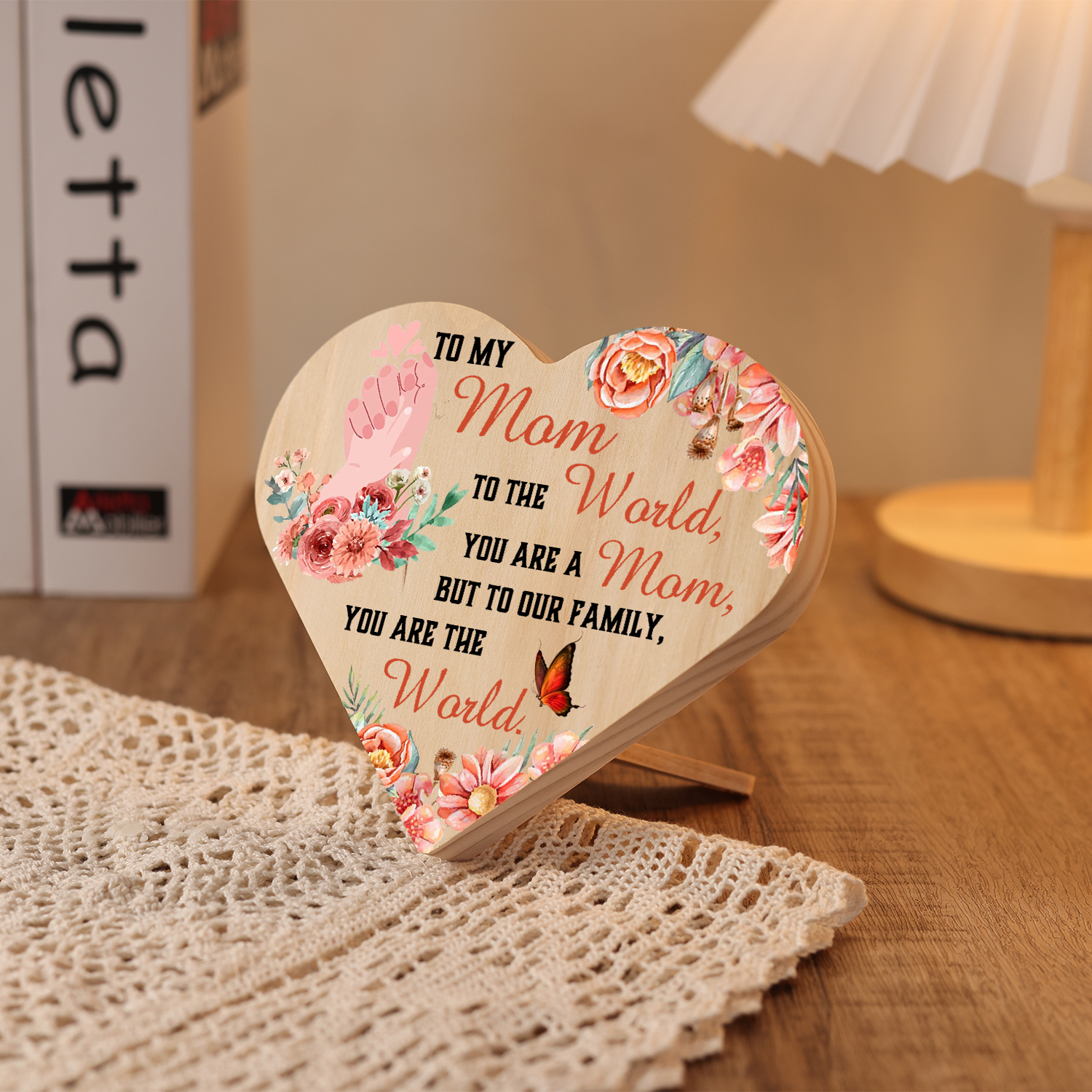 To My Mom Wooden Flowers Heart Keepsake Desktop Ornament Mothers Gifts-To our family, You are the world-Jessemade AU