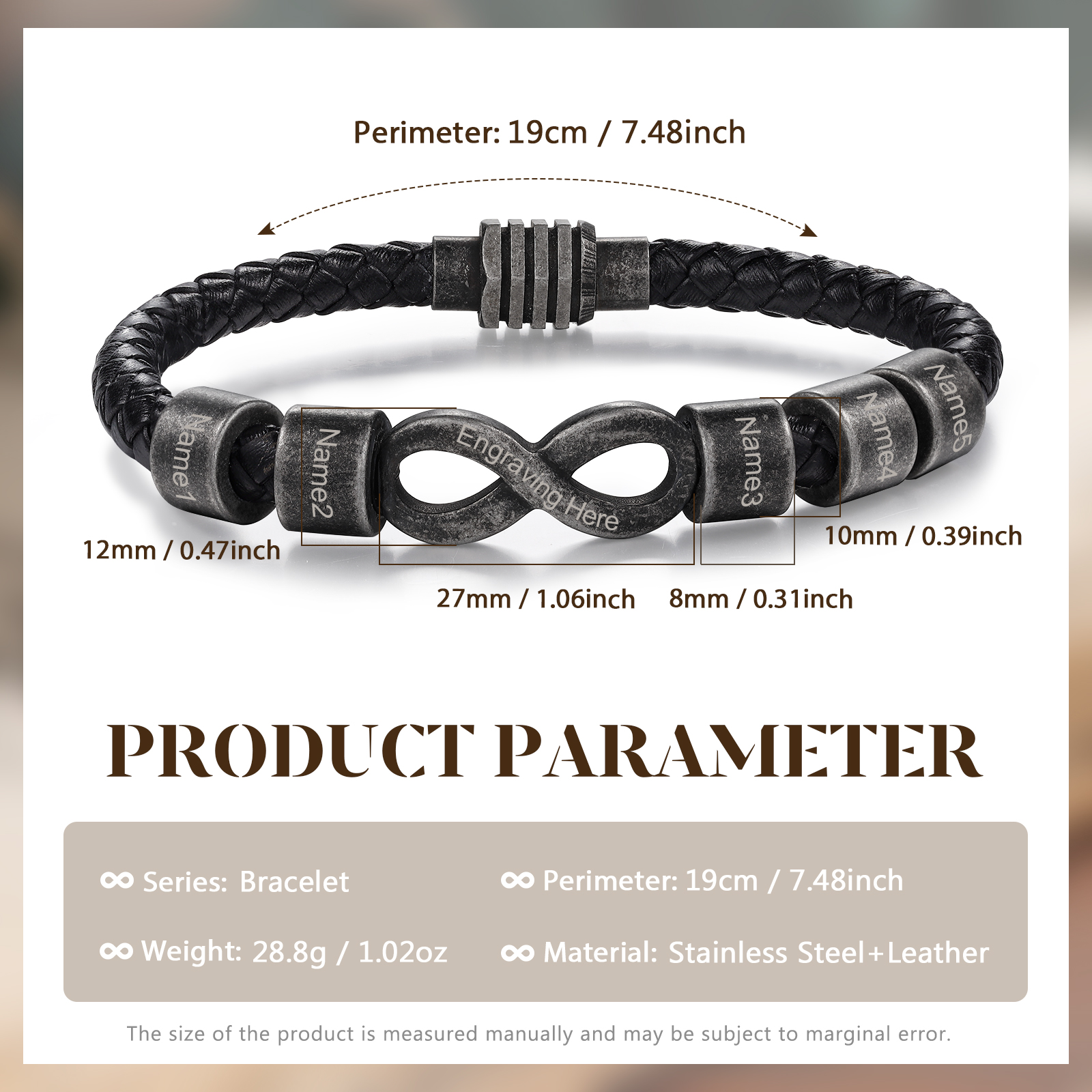 5 Names - Vintage Men's Leather Bracelet Custom Text Beads Bracelet Infinity Bracelet Valentine's Day Personalised Gift for Him-Jessemade AU