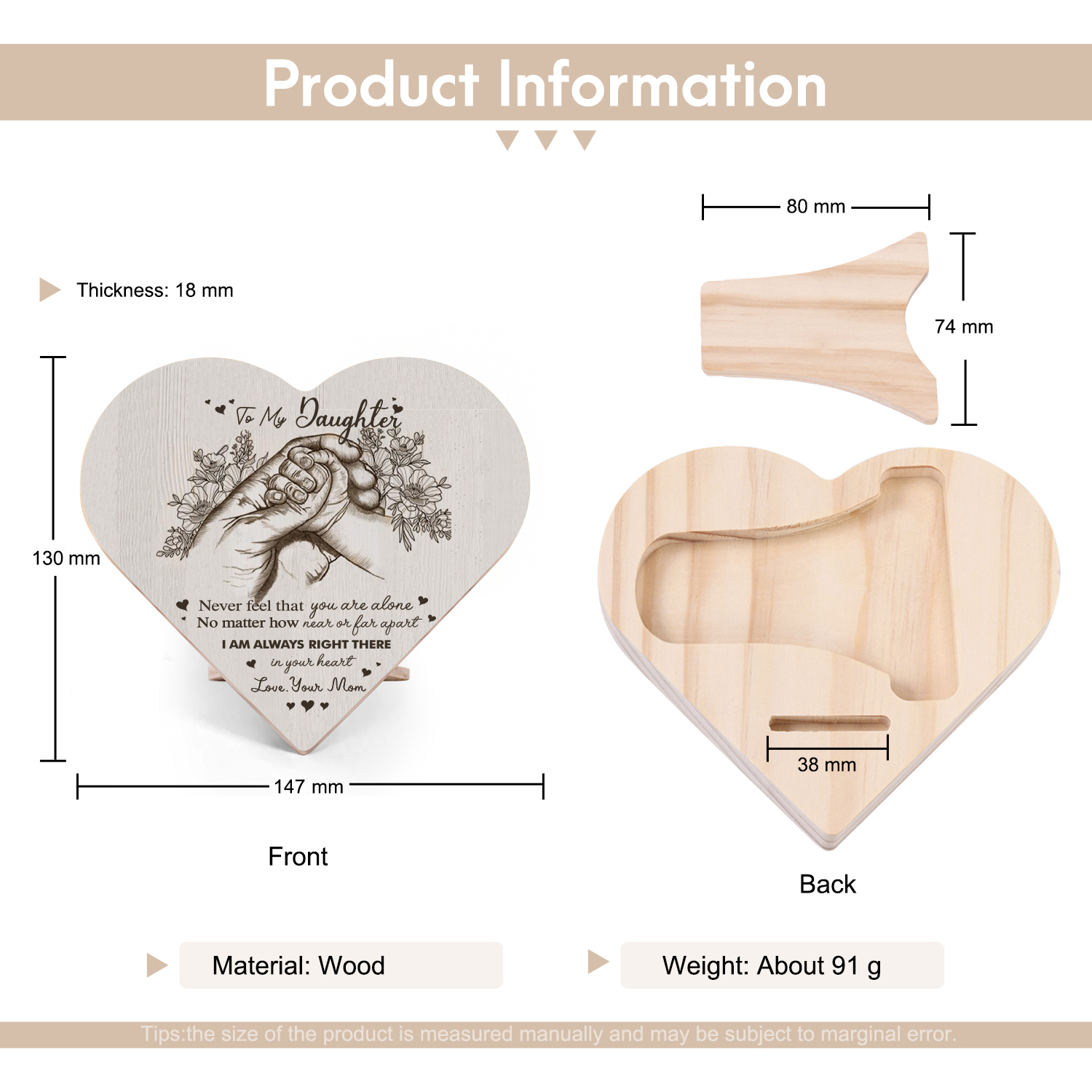 To My Daughter Never feel that you are alone Holding Hands Wooden Heart Keepsake Desktop Ornament-Jessemade AU