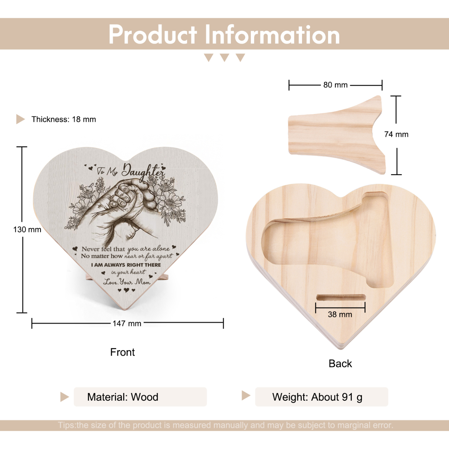 To My Daughter Never feel that you are alone Holding Hands Wooden Heart Keepsake Desktop Ornament-Jessemade AU