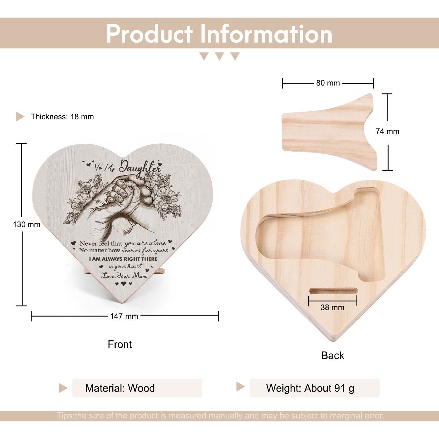 To My Daughter Never feel that you are alone Holding Hands Wooden Heart Keepsake Desktop Ornament-Jessemade AU