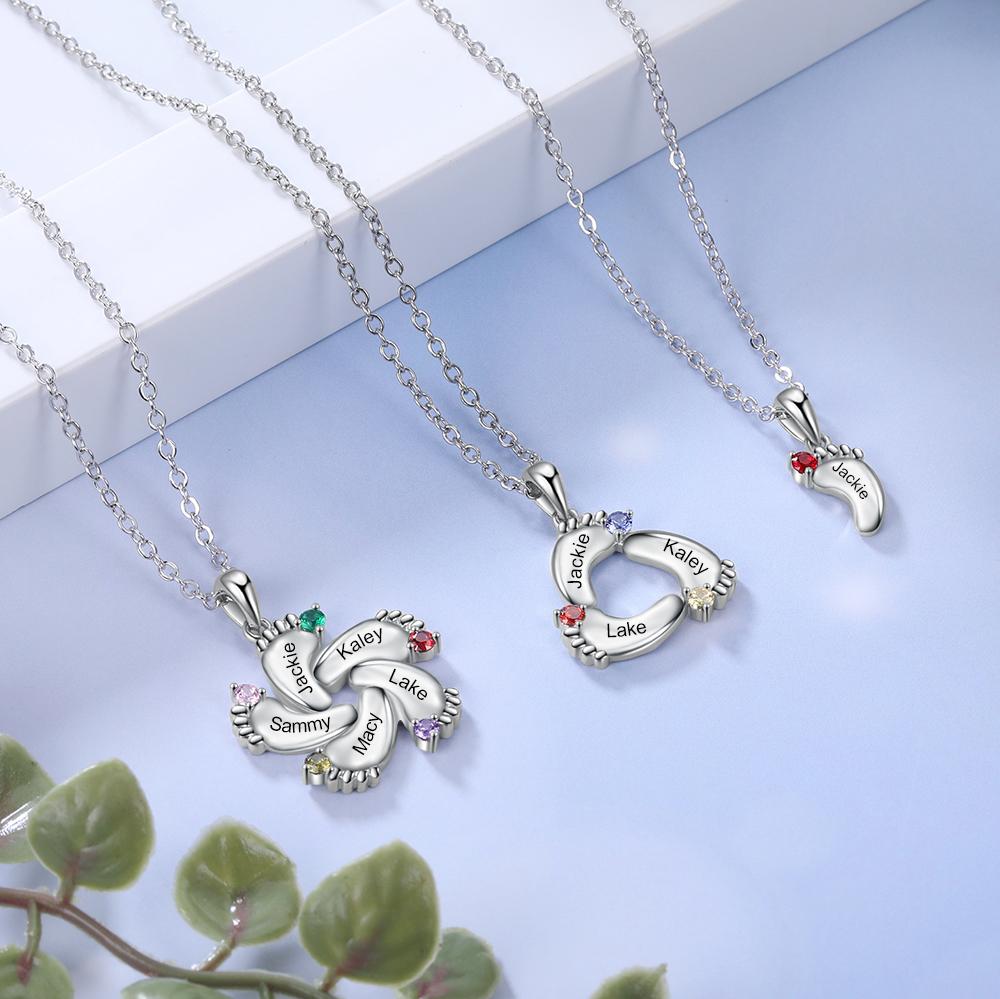 Baby Feet Necklace Custom 2 Birthstones Family Gifts Set for Mum
