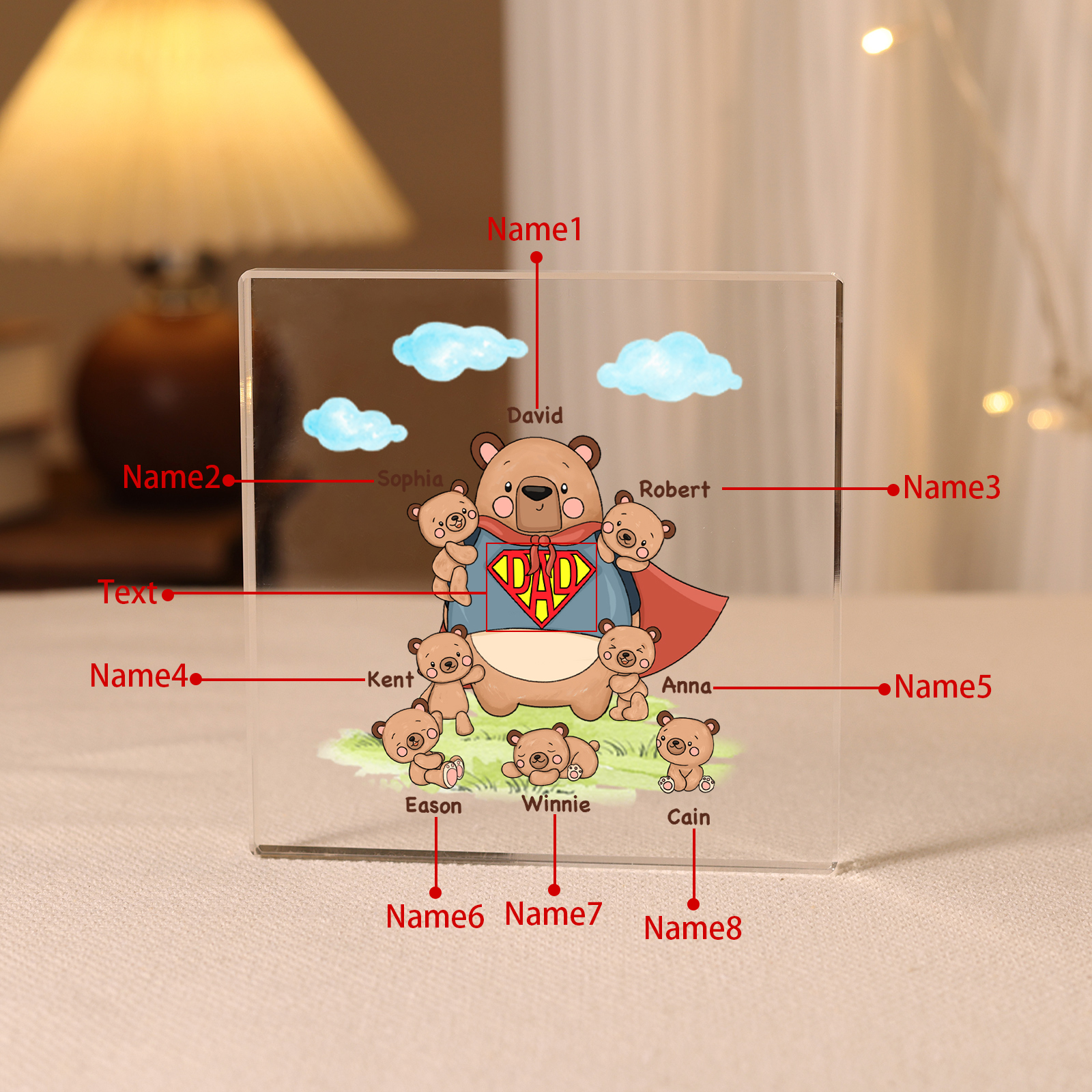 Personalised 8 Names & 1 Text Acrylic Square Keepsake Super Bear Family Rectangle Plaque Gifts for Father/Grandpa-Jessemade AU