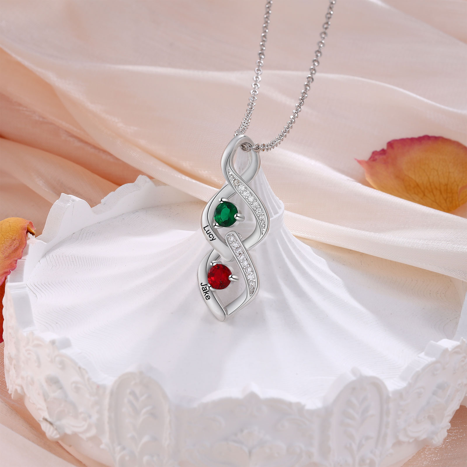 Personalised Twisted Pendant Necklace Custom 2 Birthstones & 2 Names Necklace Gifts for Her-Jessemade AU