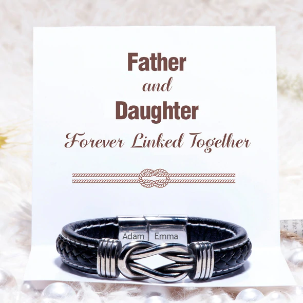Personalised Name Leather Knot Bracelet "Father and Daughter Forever Linked Together" Father's Day Gift Idea-Jessemade AU