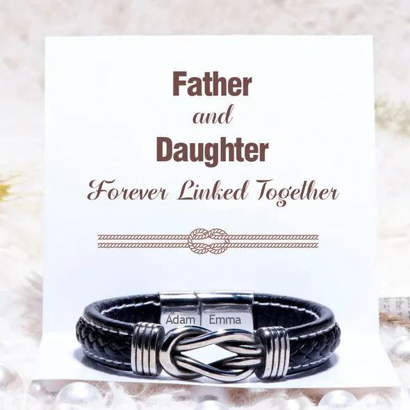 Personalised Name Leather Knot Bracelet "Father and Daughter Forever Linked Together" Father's Day Gift Idea-Jessemade AU