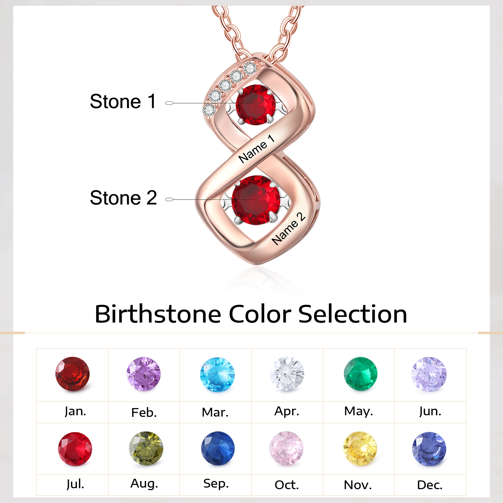 Custom Family Necklace with 2 Birthstones Engraving Names Dancing Stone Necklace-Jessemade AU