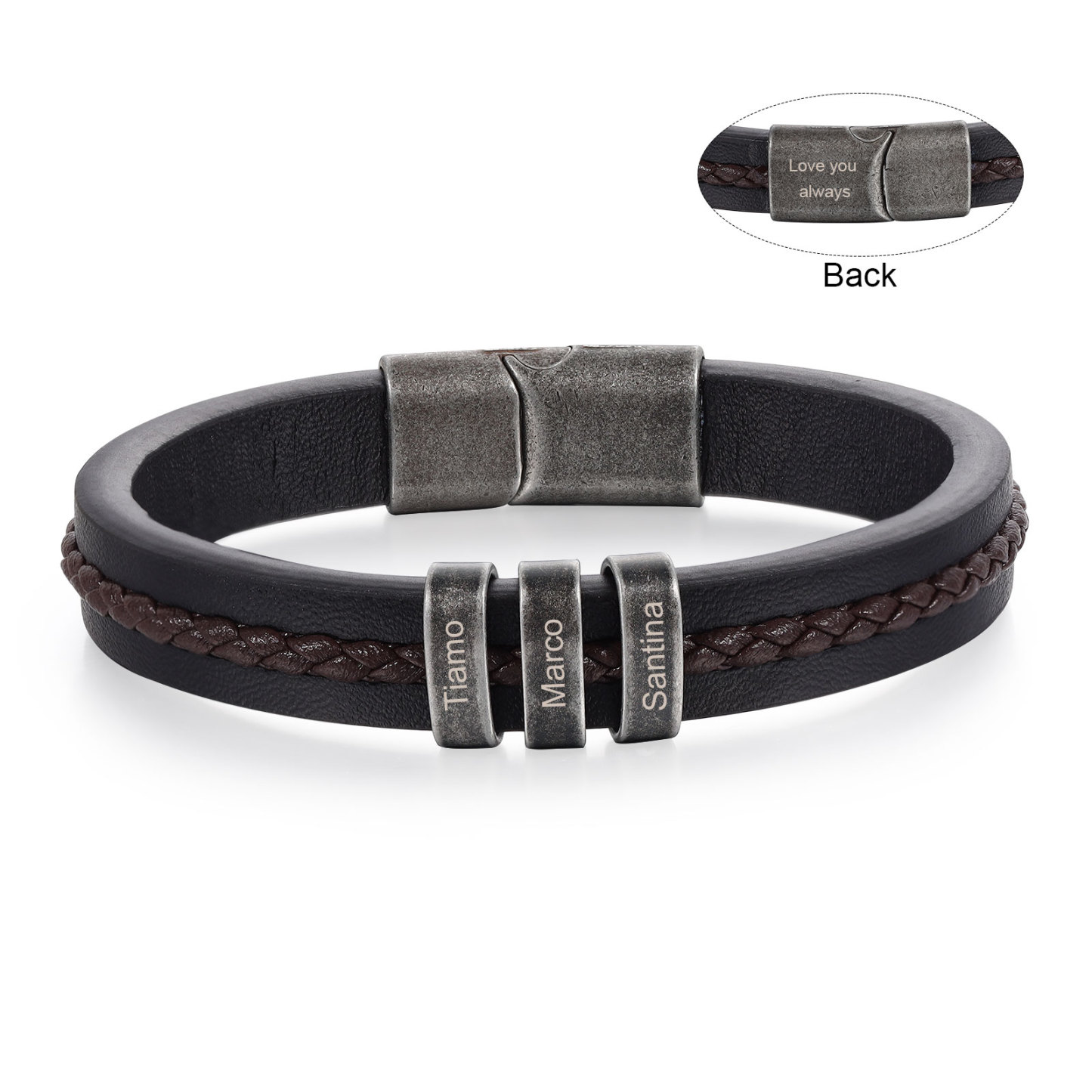 3 Names - Personalised Men's Leather Bracelet Custom Text Beaded Bracelets Vintage Gift for Him