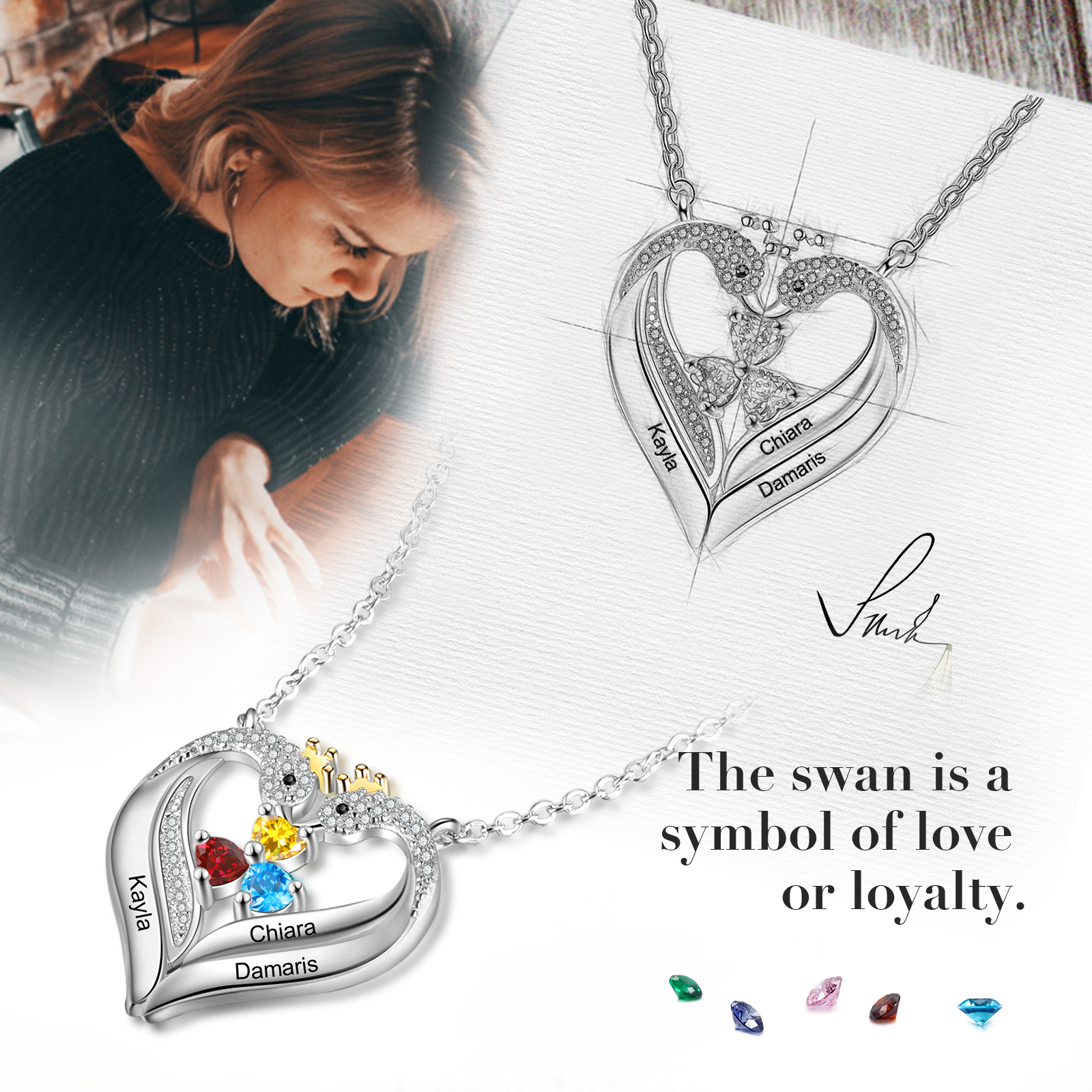 Personalised Heart Swan Necklace With 3 Birthstones Engraved Names Necklace Gifts For Her-Jessemade AU