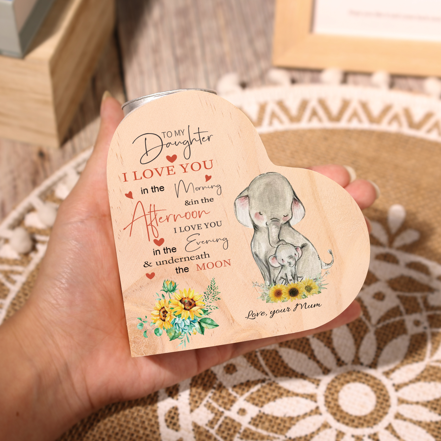 To My Daughter-Wooden Heart Candle Holder Elephant Candlesticks "I love you in the morning" Gifts For Daughter-Jessemade AU