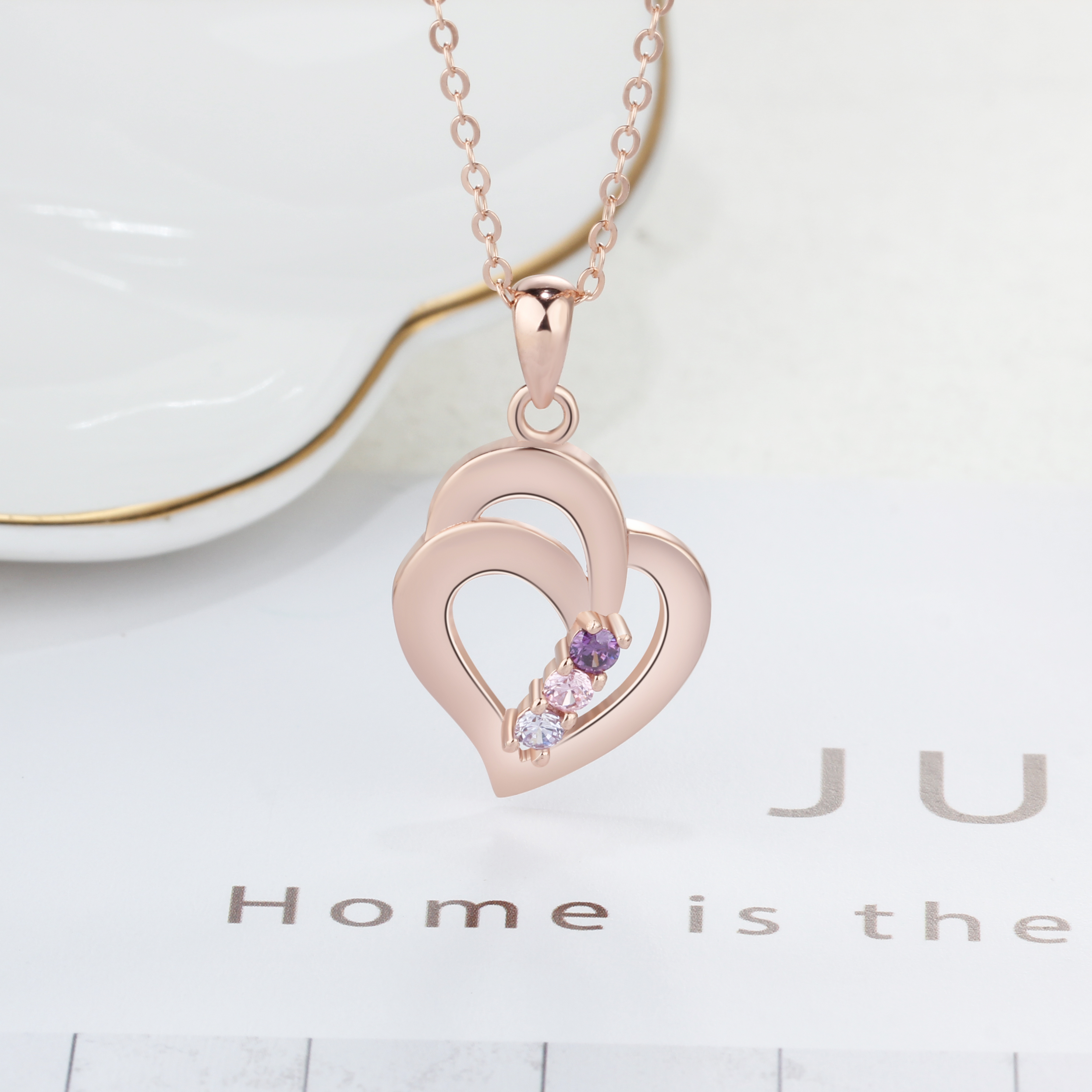 Personalised Heart Necklace With 3 Birthstones Engraved Names Gift For Her-Jessemade AU
