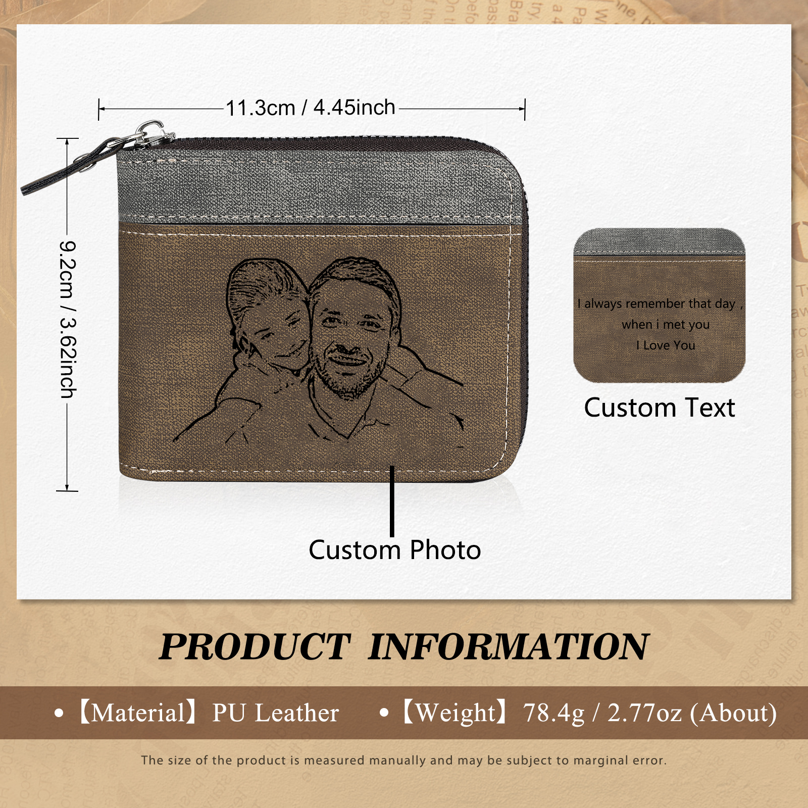 Personalised Photo & Text Billfold Wallet Custom Men's Leather Wallet Zipper Gift for Him-Jessemade AU