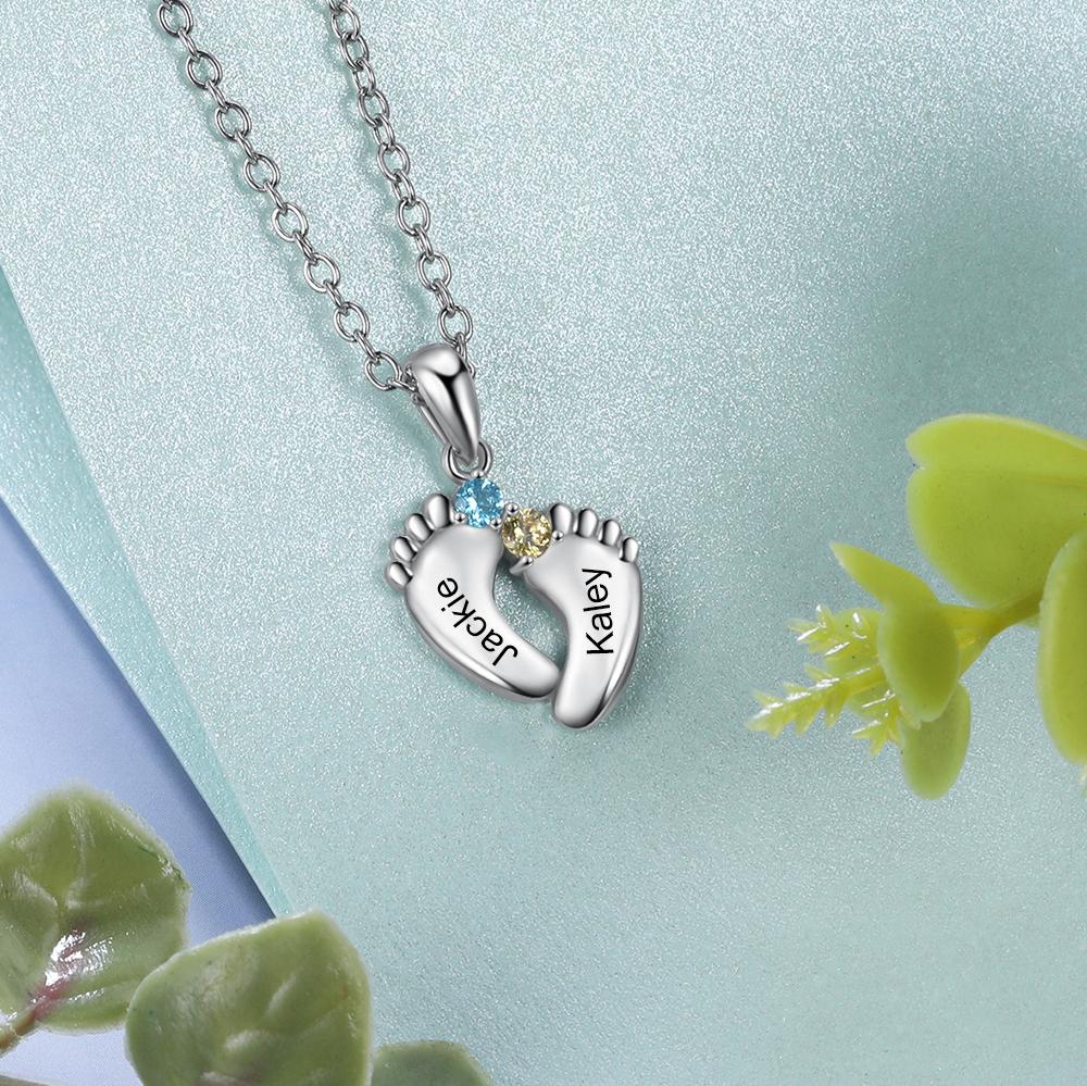 Baby Feet Necklace Custom 2 Birthstones Family Gifts Set for Mum