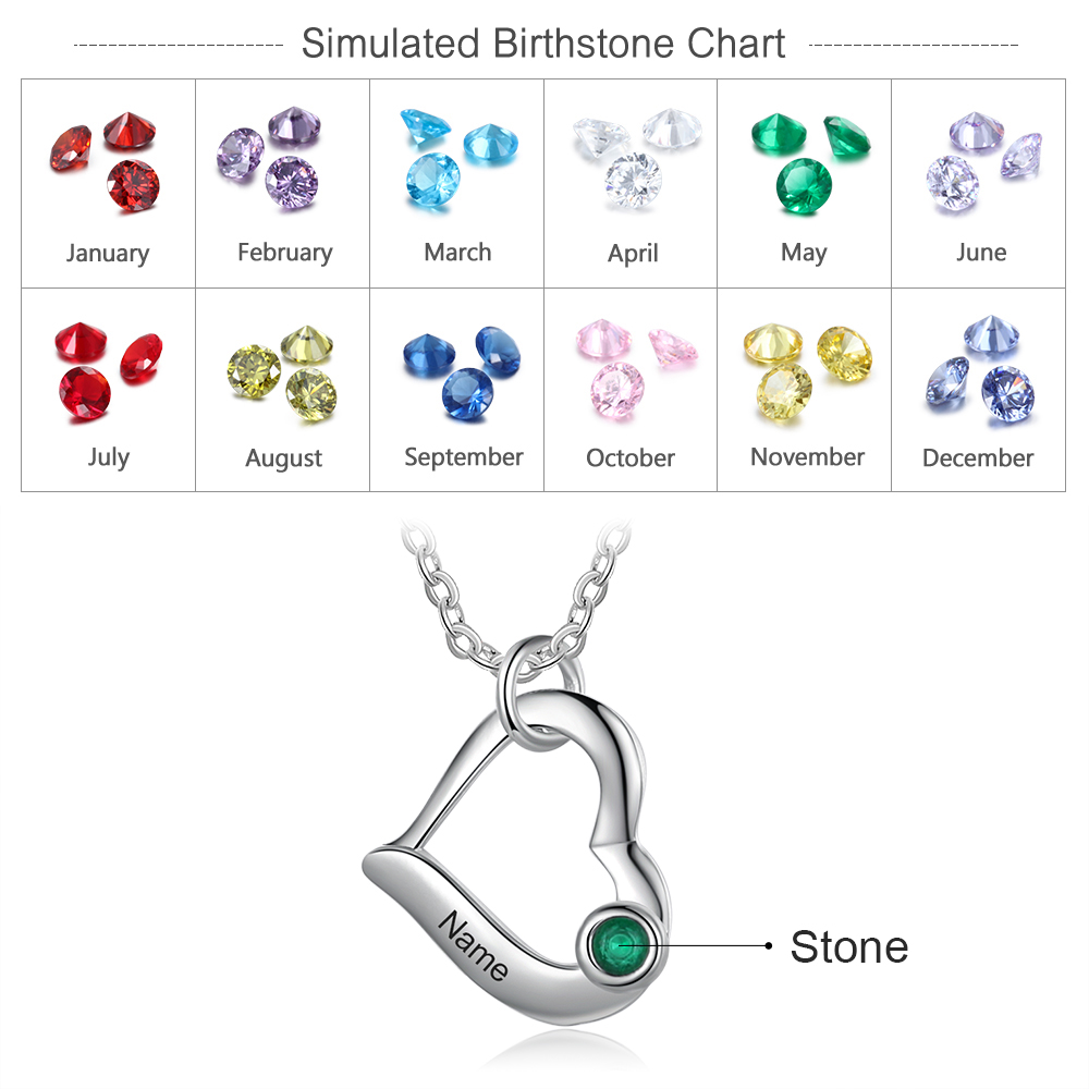 Personalised Heart Necklace With 1 Birthstone Engraved Names Gift For Her-Jessemade AU