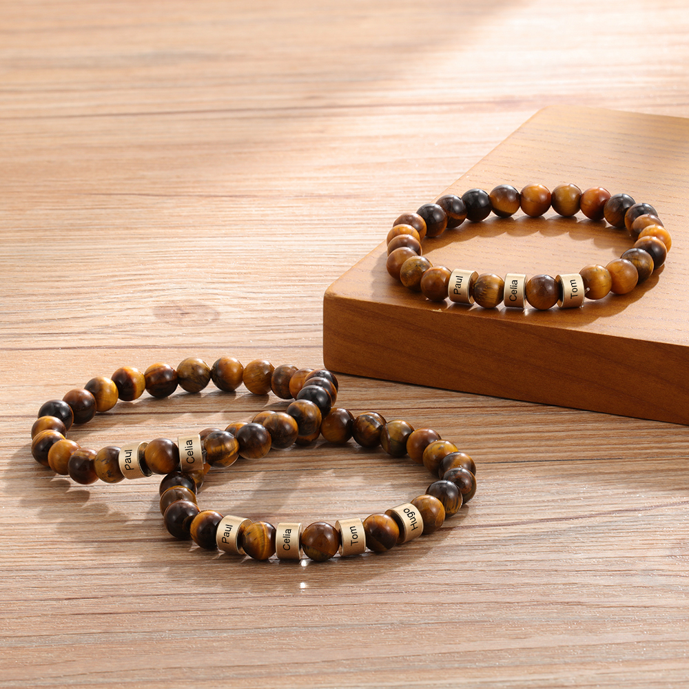 Tiger's Eye Men Bracelet Personalised 3 Names Beaded Warp Bracelet Gift For Dad-Jessemade AU