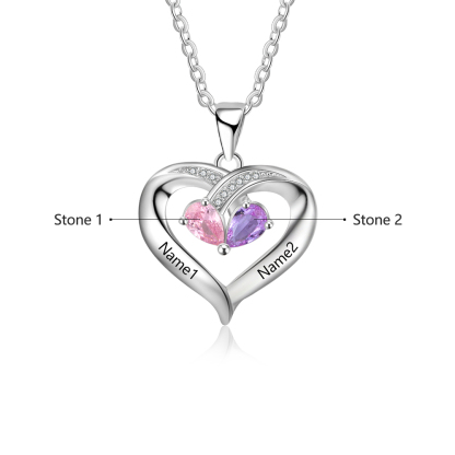 Personalised Heart Mother Necklace With 2 Birthstones Engraved Names Gifts For Her-Jessemade AU