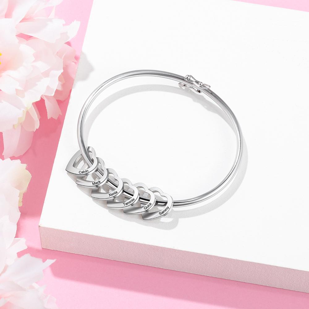 Bangle Bracelet Personalised with 6 Heart Shape Pendant Engraved 6 Names-Jessemade AU