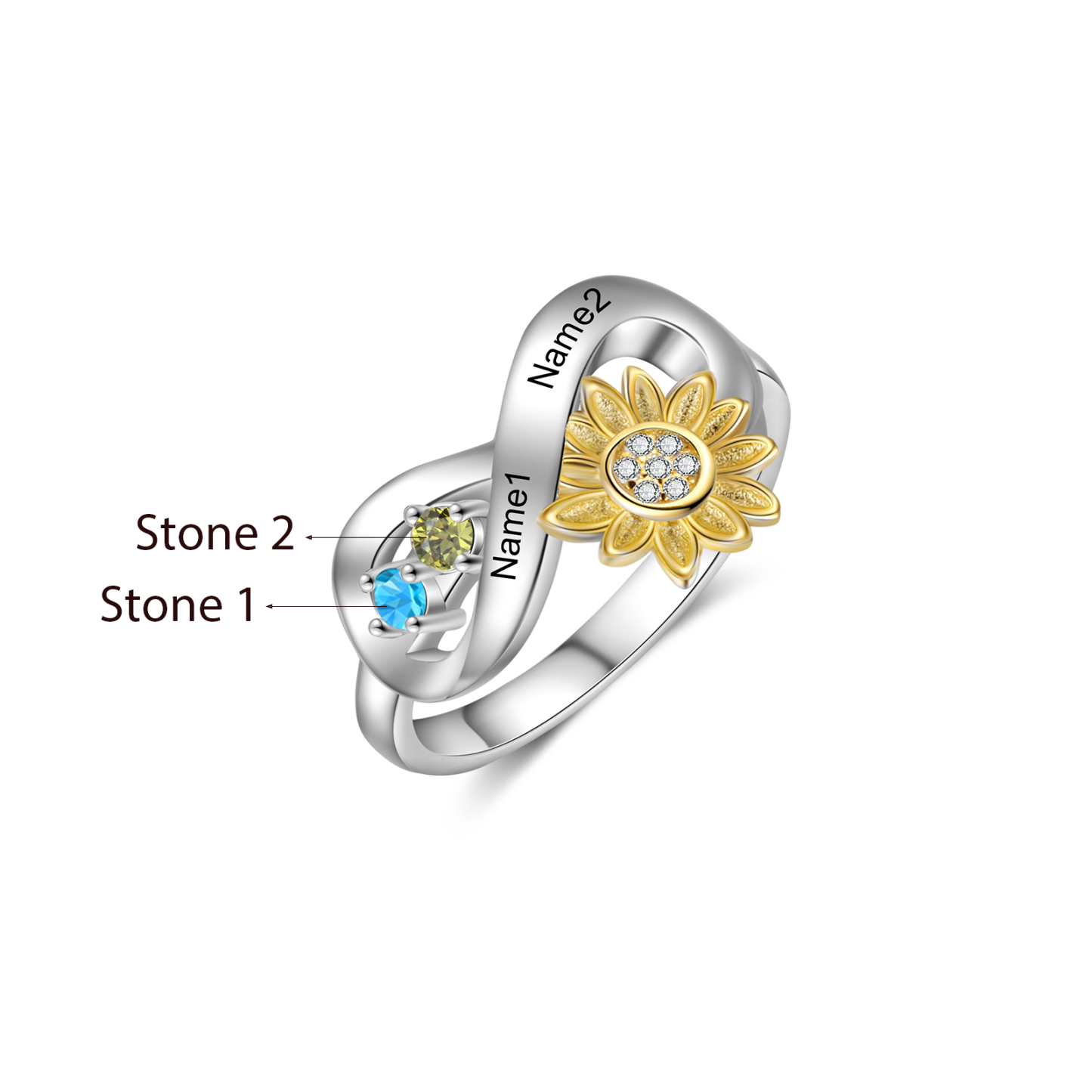 Personalised 2 Birthstones Sunflower Ring Engraved Names Infinity Ring Gifts For Her-Jessemade AU
