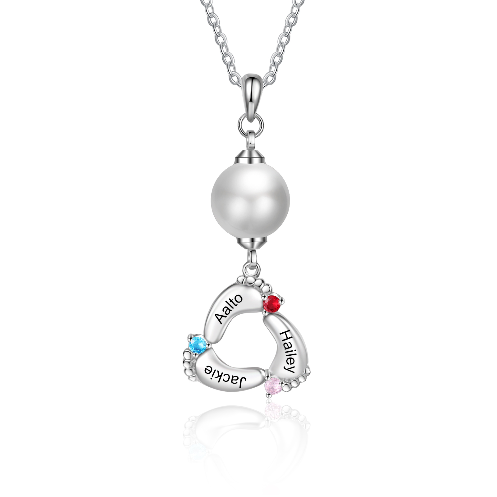 Personalised Baby Feet Pearl Necklace Custom 3 Names & Birthstones Mother Necklace-Jessemade AU