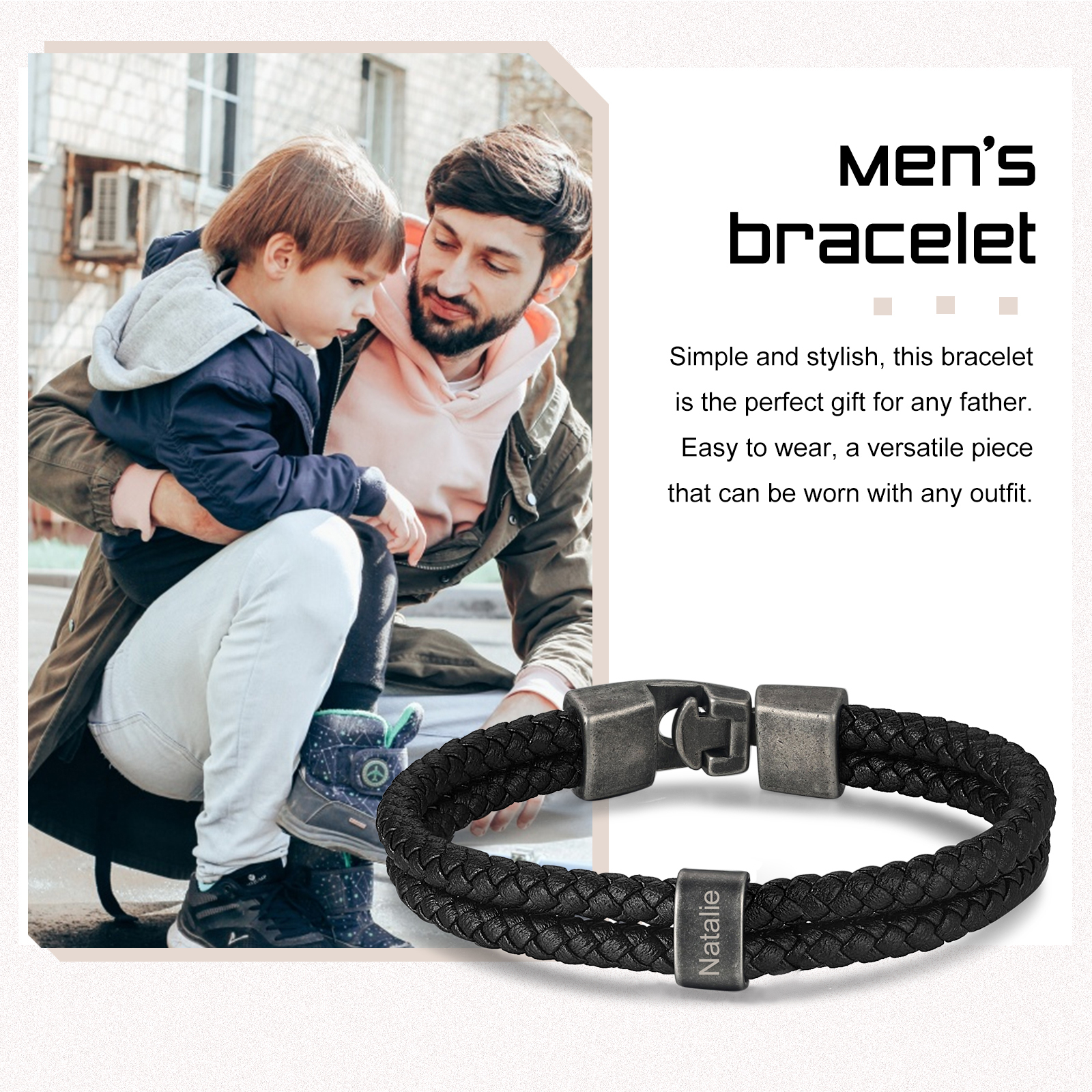 Personalised Men Leather Bracelet with 1 Name Beaded Wrap Bracelet Retro Style For Him-Jessemade AU