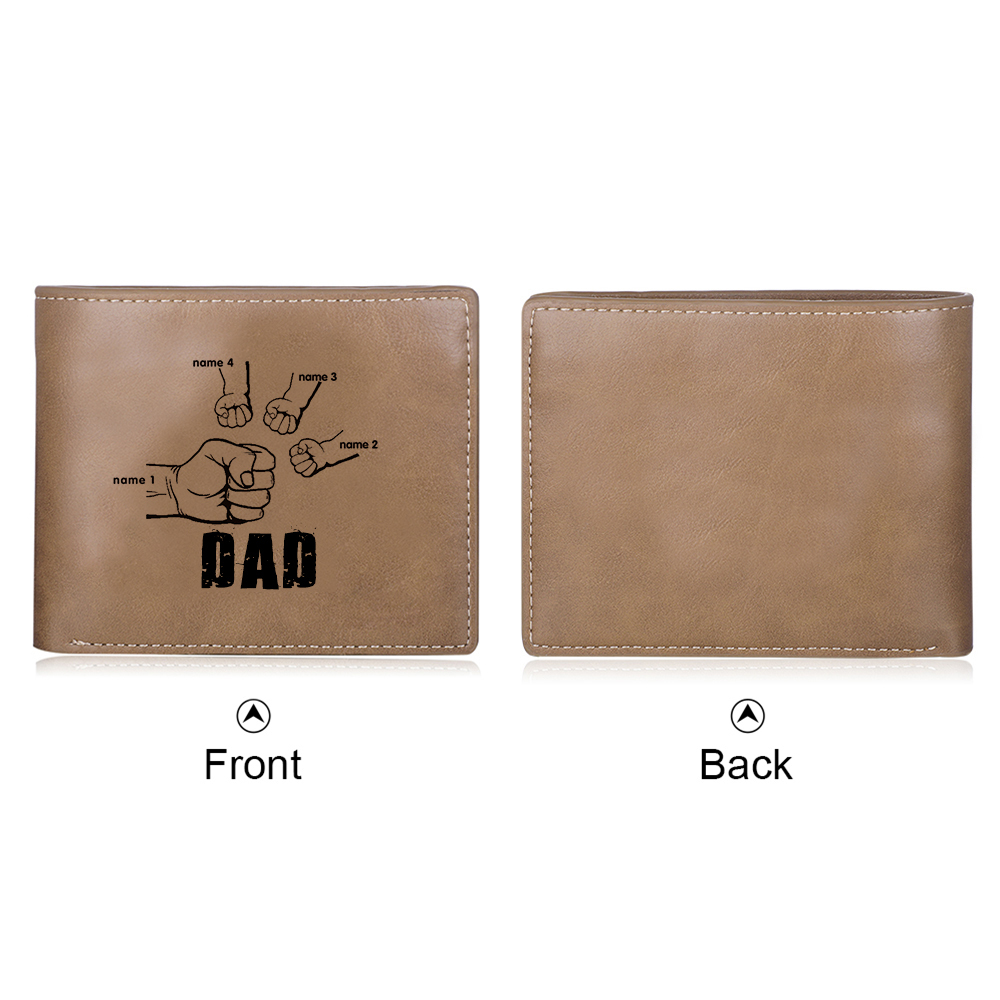 Personalised Leather Mens Wallet Engraved 4 Names Fist Bump Folding Wallet Father's Day Gifts-Jessemade AU