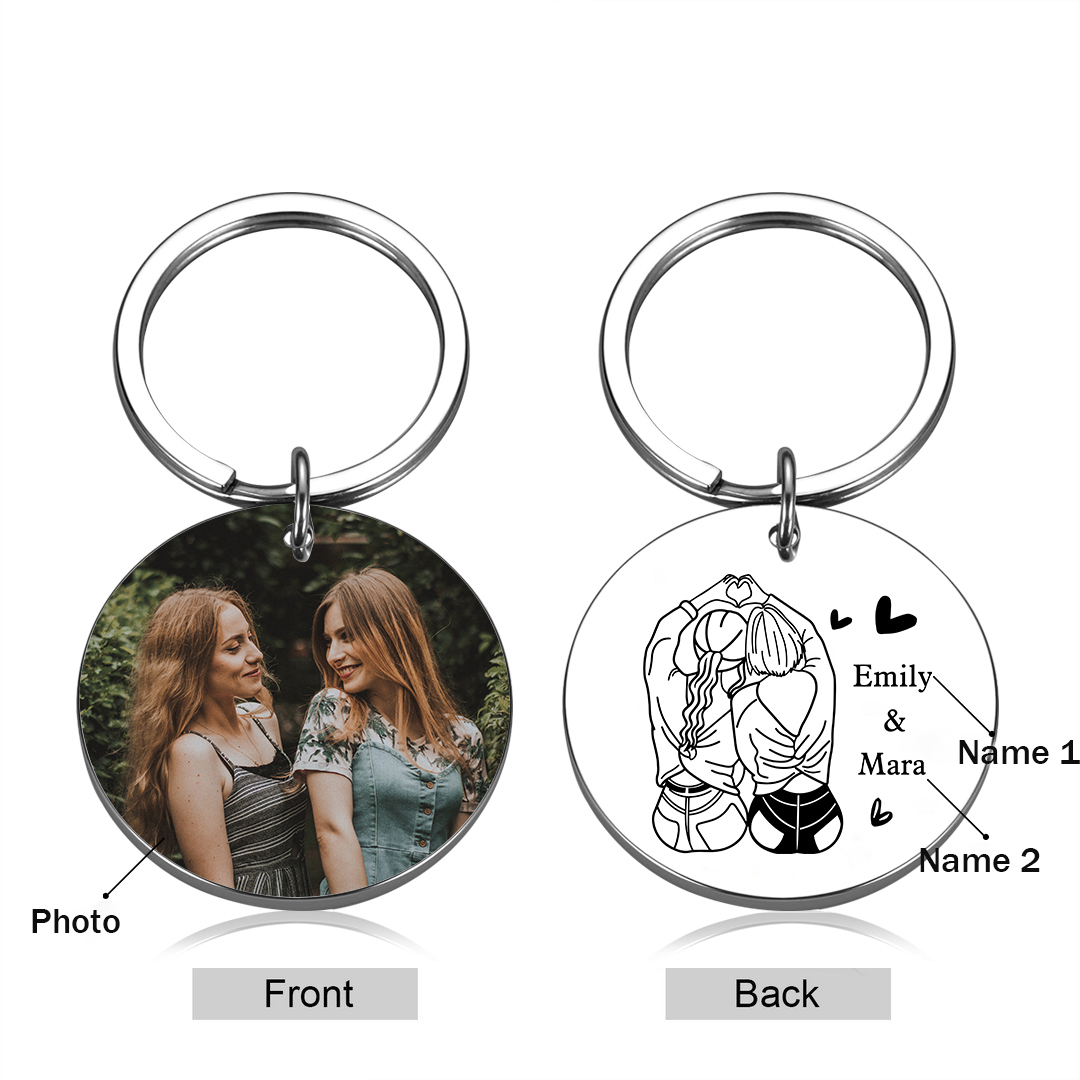 Personalised Photo Keychain Custom 2 Names Circle Keyring Metal Keychain Gift For Sisters/Besties/Friends-Jessemade AU