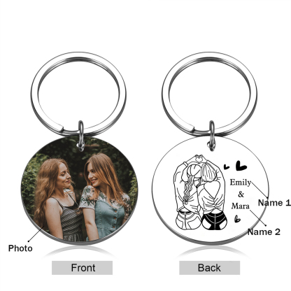 Personalised Photo Keychain Custom 2 Names Circle Keyring Metal Keychain Gift For Sisters/Besties/Friends-Jessemade AU