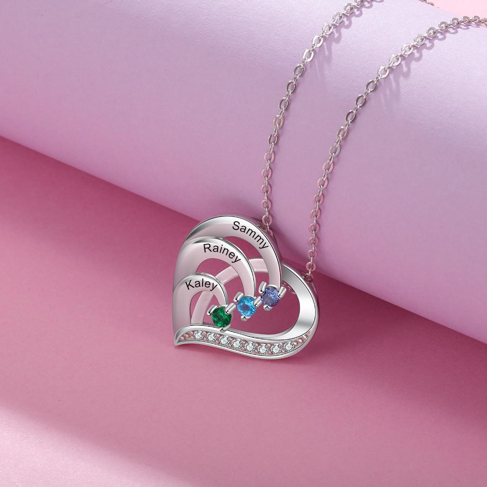 Personalised Mother Necklace Engraved 3 Names 3 Birthstone Intertwined Heart Pendant