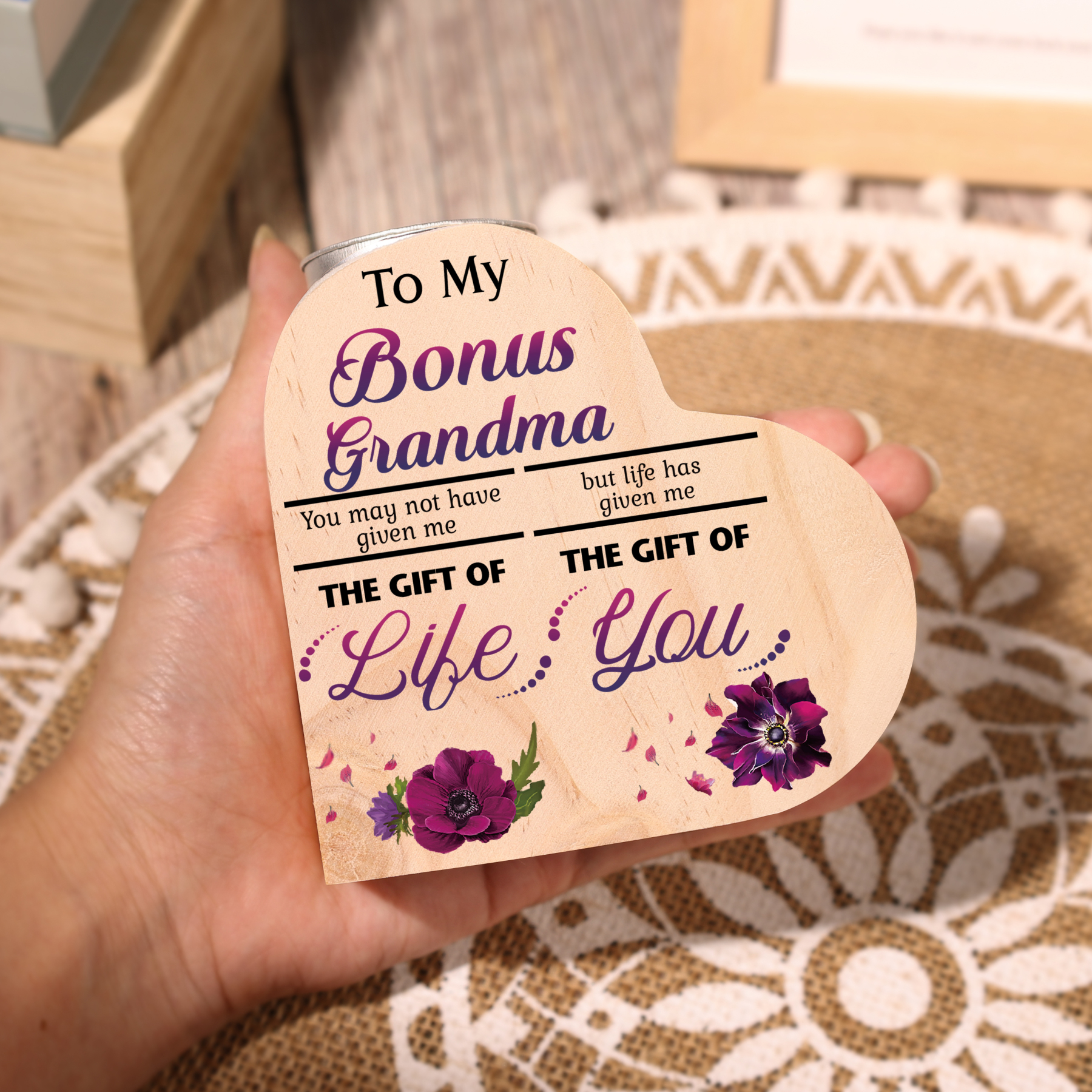 To My Bonus Grandma Violet Flower Heart Candle Holder "Life Has Given Me The Gift of You" Wooden Candlestick-Jessemade AU